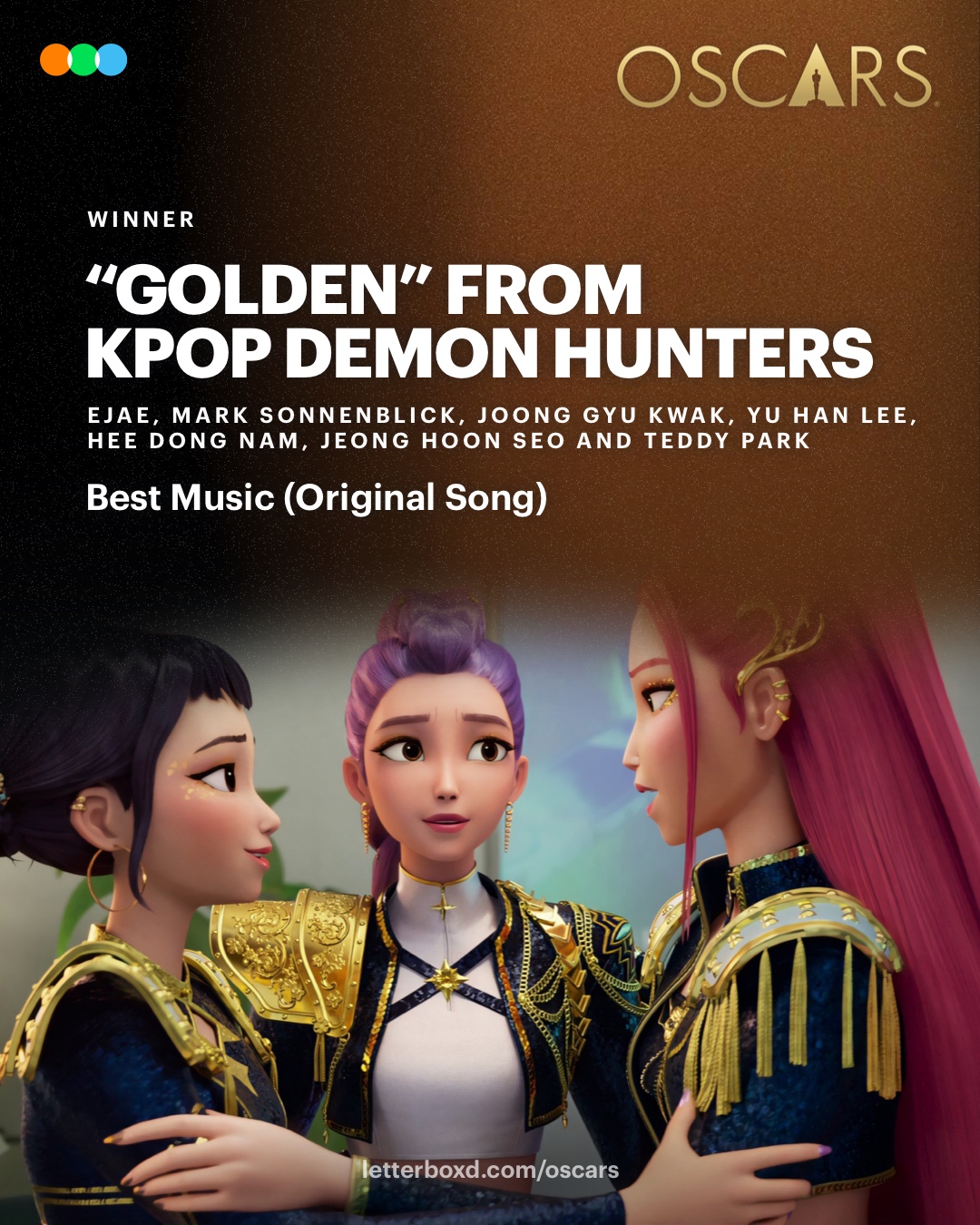 EJAE, Mark Sonnenblick, Joong Gyu Kwak, Yu Han Lee, Hee Dong Nam, Jeong Hoon Seo and Teddy wins Best Music (Original Song) for “Golden” from KPop Demon Hunters

#Oscars