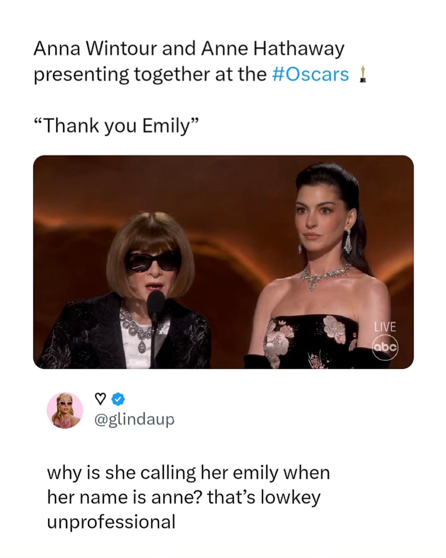 Some people just exposed themselves 😭

At the Oscars, Anna Wintour and Anne Hathaway presented together and Anna ended the moment by saying “Thank you, Emily.” A lot of people online thought she accidentally called Anne by the wrong name.

But it was actually a reference to The Devil Wears Prada. In the movie, Anne Hathaway’s character Andy constantly gets called “Emily” by her boss, which was inspired by Anna Wintour herself. So the line was basically a perfect callback to the film.

Like this content? Follow us for more @Memezar ❤️

#memes #oscars #devilwearsprada #funny #memezar