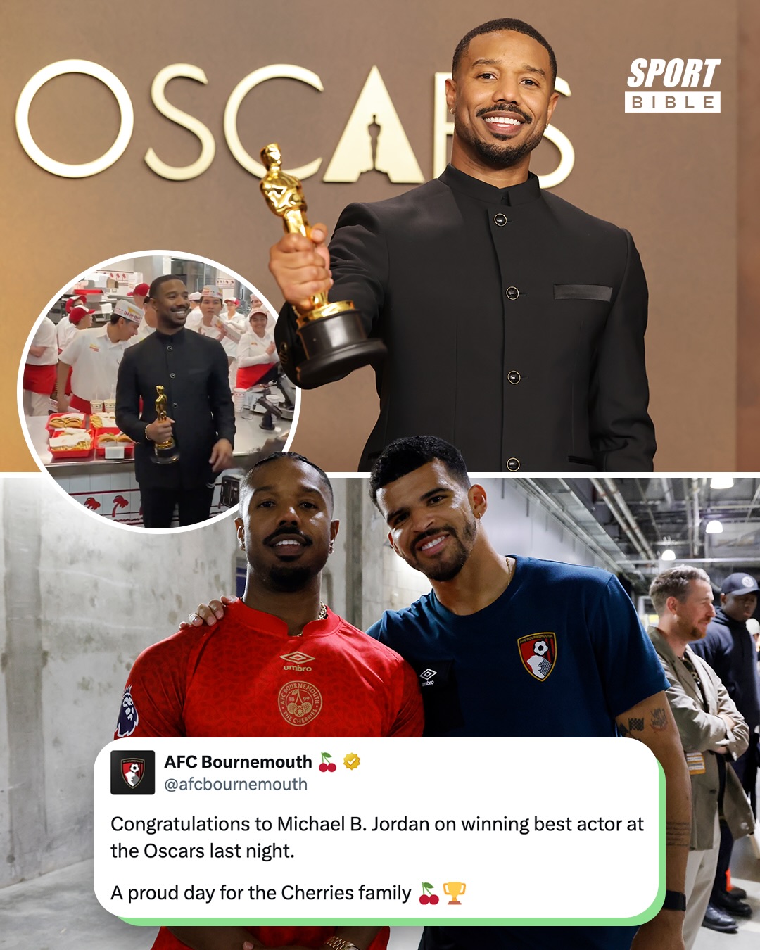 Michael B. Jordan became the first Premier League club owner to win an Oscar following his lead role as the Smokestack twins in ‘Sinners’ 🤩🏆

Jordan is part of the Bournemouth ownership group through the Black Knight Football Club consortium ⚽🍒

The 39-year-old celebrated by ordering burgers at a local In-N-Out 😅🍔