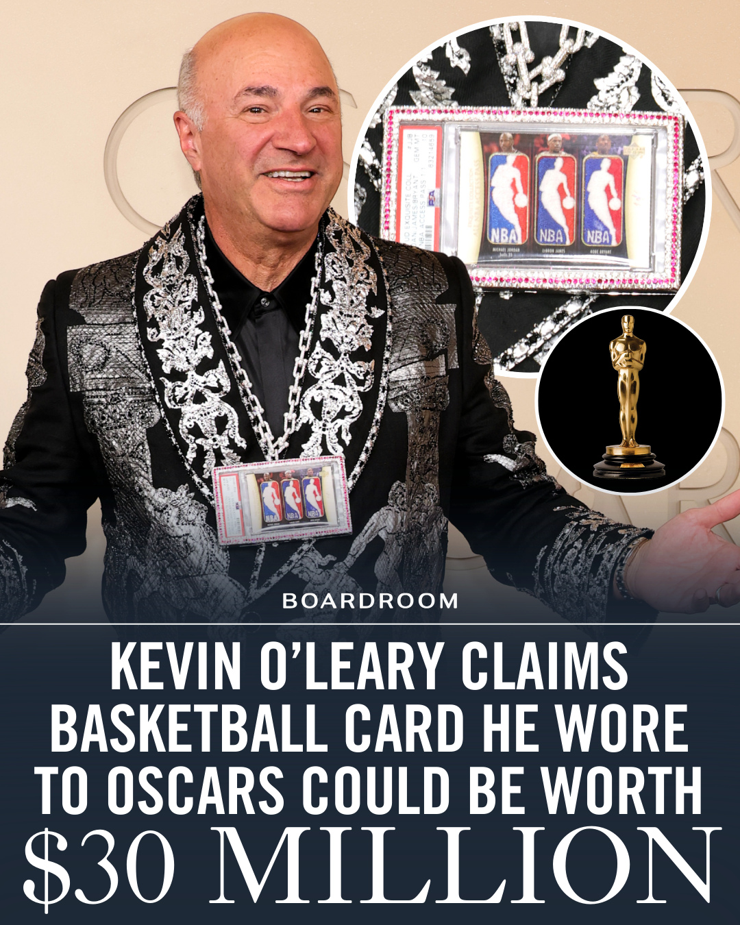 The Shark Tank star made one of the more unexpected red carpet flexes at the Academy Awards, arriving with one of the rarest sports collectibles ever created.⁠
⁠
The 1-of-1 trading card features Michael Jordan, Kobe Bryant, and LeBron James, each paired with a game-worn NBA Logoman patch. O’Leary estimates the card could be worth as much as $30 million, placing it among the most valuable basketball cards in existence.⁠
⁠
He attended the ceremony as part of the cast of Marty Supreme, which earned nine nominations, including Best Picture. The film marked his on-screen debut.⁠
⁠
(h/t @fanaticscollect)