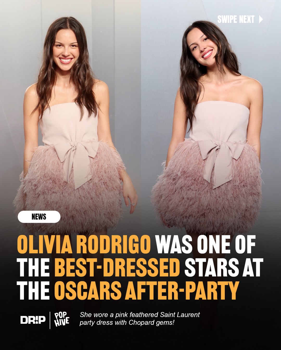 Olivia Rodrigo attended the 2026 Oscar after-party wearing a pink feathered Saint Laurent party dress with Chopard gems 🎀 What do y’all think of her outfit❔👀 

#OliviaRodrigo #Oscars #VanityFair #SaintLaurent #OR3