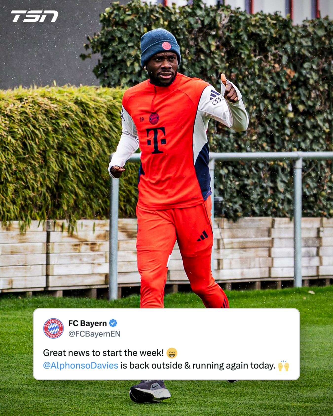 Alphonso Davies was spotted back on the pitch running again after suffering a hamstring strain in Bayern Munich’s game against Atalanta in the Champions League on Tuesday.