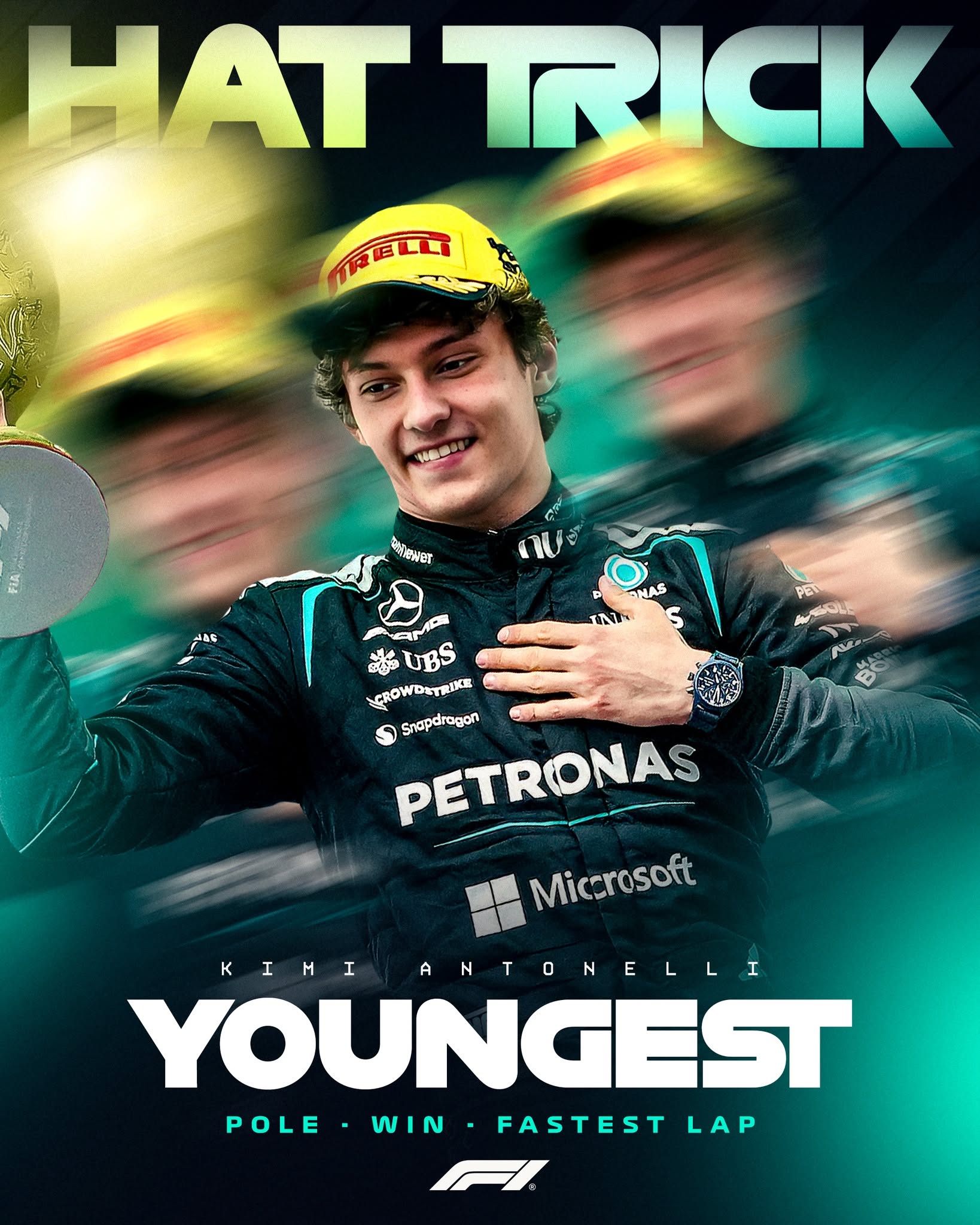 Pole. Win. Fastest Lap.

@kimi.antonelli picked up his first hat-trick in China, becoming the youngest driver in F1 history to do so! 🎩

If he had led the opening lap of the race, he would've also earned a Grand Slam, which includes all of the above, plus leading every lap of the race. He narrowly missed out, with Lewis Hamilton taking the lead on Lap 1! 🤏

#F1 #Formula1 #ChineseGP