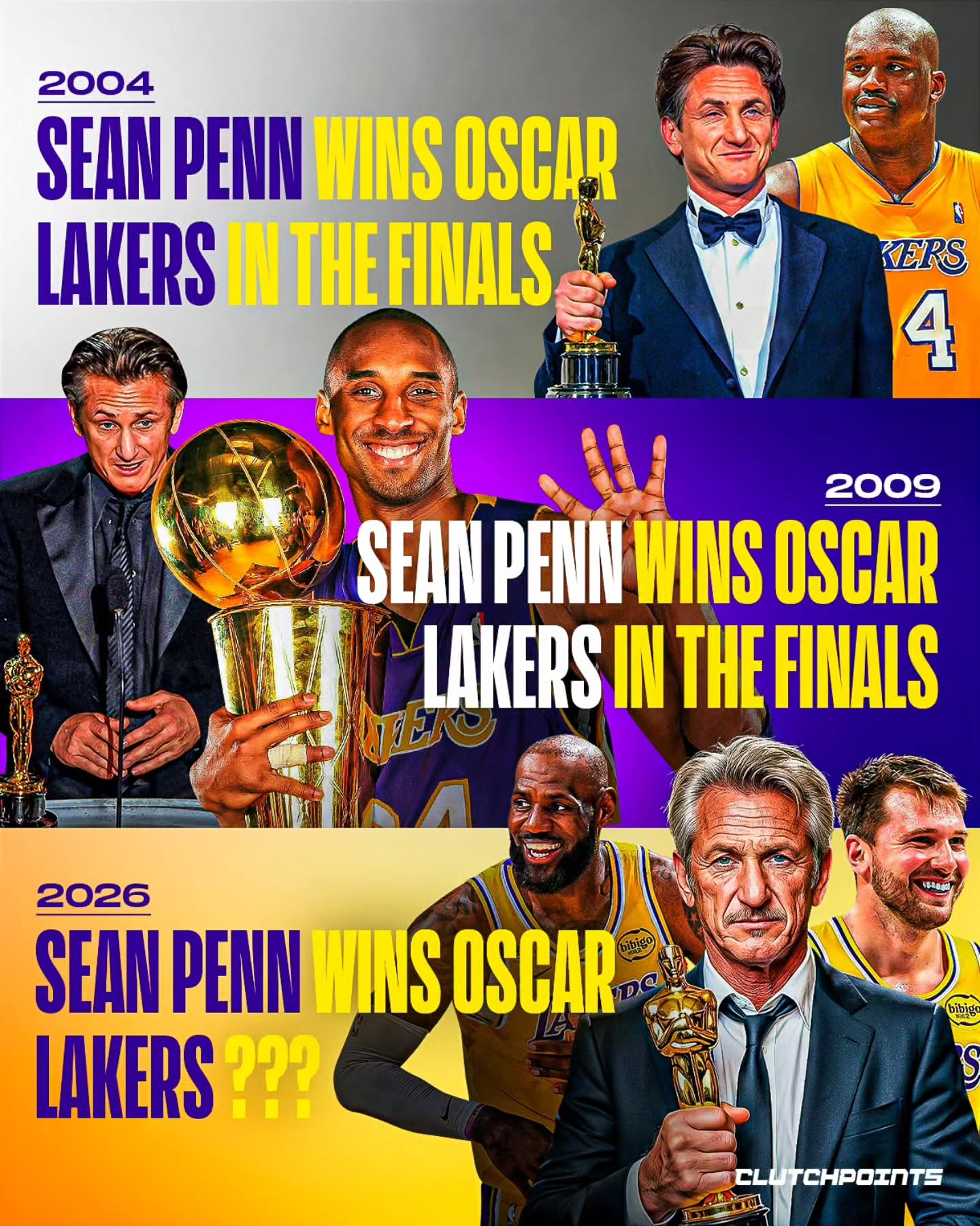 The NBA script-writers are getting lazy, and Lakers fans are absolutely here for it. 🍿

With Sean Penn officially taking home Best Supporting Actor last night for One Battle After Another, the prophecy has been reactivated.

Check the history; the correlation is actually wild:

🎬 2004: Sean Penn wins Best Actor (Mystic River) ➡️ Lakers make the NBA Finals.
🎬 2009: Sean Penn wins Best Actor (Milk) 🏆 ➡️ Lakers make the NBA Finals (and win it all).
🎬 2026: Sean Penn wins Best Supporting Actor (One Battle After Another) ➡️ [Loading...]

The Lakers are currently sitting at 3rd in the West, Luka is playing like a literal cheat code, LeBron is out there playing third option to Luka and Austin Reaves, and Sean Penn is collecting hardware in Ukraine instead of showing up to the ceremony. 

Everything is perfectly chaotic.

Someone get this man a lifetime pass to Crypto.com Arena before the playoffs start. 😤

(H/T /u/Lacabloodclot9)

#nba #oscar #oscars #oscars2026 #lakers