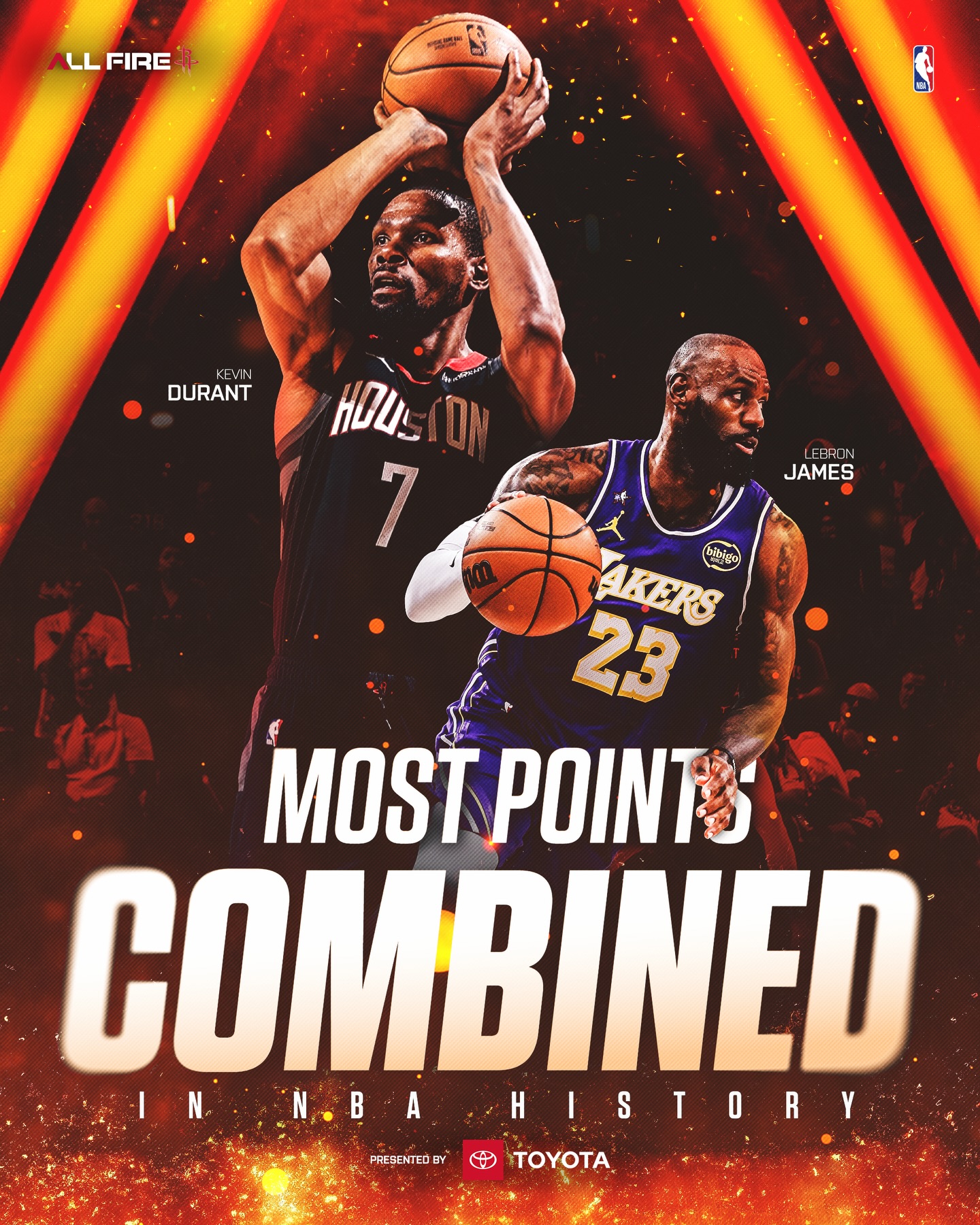 History in the making. 🤝

Kevin Durant and LeBron James will have the most combined points in a head-to-head matchup in @NBA history tonight!

@ToyotaUSA | #Rockets