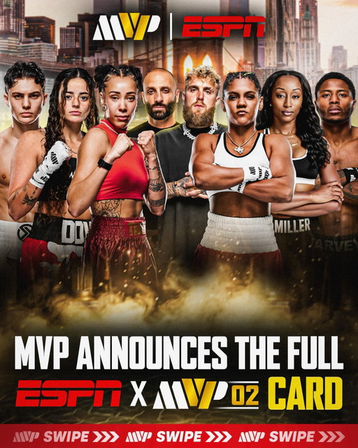 🚨FIGHT ANNOUNCEMENTS🚨

MVPW 2 is officially LOADED from top to bottom — headlined by Alycia “The Bomb” Baumgardner vs. Bo Mi Re Shin from the Infosys Theater at MSG in New York City on LIVE on ESPN 📺

MAIN CARD ADDITIONS:

🇨🇦Tamm Thibeault vs 🇧🇷Nadja Jesus
🇵🇷Krystal Rosado vs 🇲🇽Fernanda Reyes

UNDERCARD ADDITIONS:

🇺🇸Jahmal Harvey vs 🇦🇷Leandro Medina
🇵🇷Elon De Jesus vs 🇬🇧Connor Adaway
🇺🇸Wanna Walton vs 🇺🇸Dionne Ruvalcaba
🇺🇸Nat Dove vs 🇬🇹Maria Micheo
🇺🇸Raquel Miller vs 🇧🇷Adriana Araújo
🇺🇸Alex Vargas vs 🇮🇪Ryan O’Rourke

Buy your tickets NOW | Link in BIO 🎟️

——— 
Friday, April 17 
LIVE on ESPN 
Infosys Theater at MSG - NYC
#BaumgardnerShin