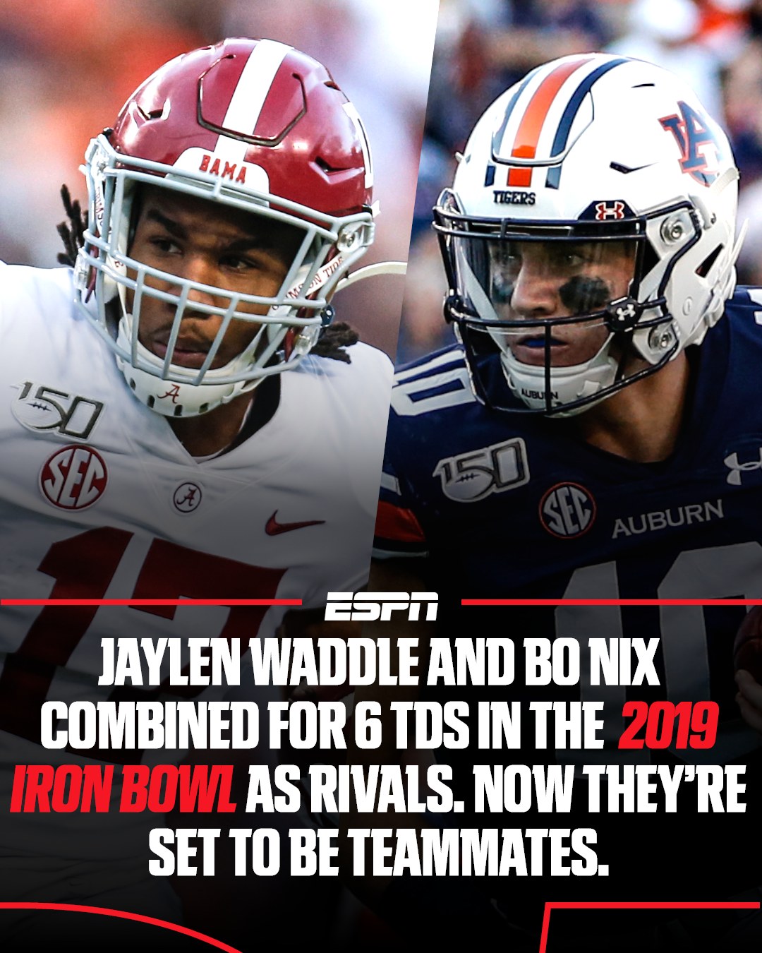Bo Nix and Jaylen Waddle helped deliver an instant classic in the 2019 Iron Bowl when Auburn beat Alabama 😮‍💨

Now they're set to be teammates in Denver, sources tell @adamschefter.