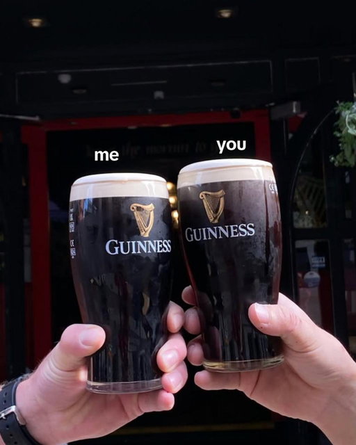 Tag your St Patrick’s Day partner

📸 @kennedysaltrincham

[Image Description: Two pints of Guinness sit on a wooden table inside a traditional pub. Both pints have creamy heads and the Guinness logo on the glass. Behind them is a dark wooden booth with worn paint, framed photos and documents on the wall, and a small basketball hoop mounted in the corner. On-screen text reads: “me n u in another universe.”]