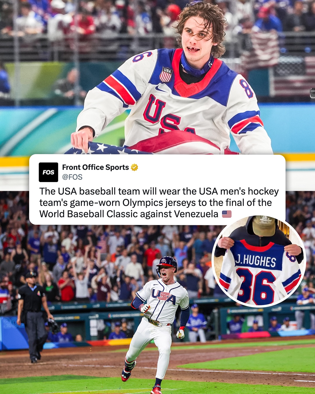The USA baseball team will wear the USA men’s hockey team’s Olympics jerseys to tonight’s World Baseball Classic final 🇺🇸

Pete Crow-Armstrong contacted Jack Hughes for the game-worn sweaters.

(🎥 via @fanatics)