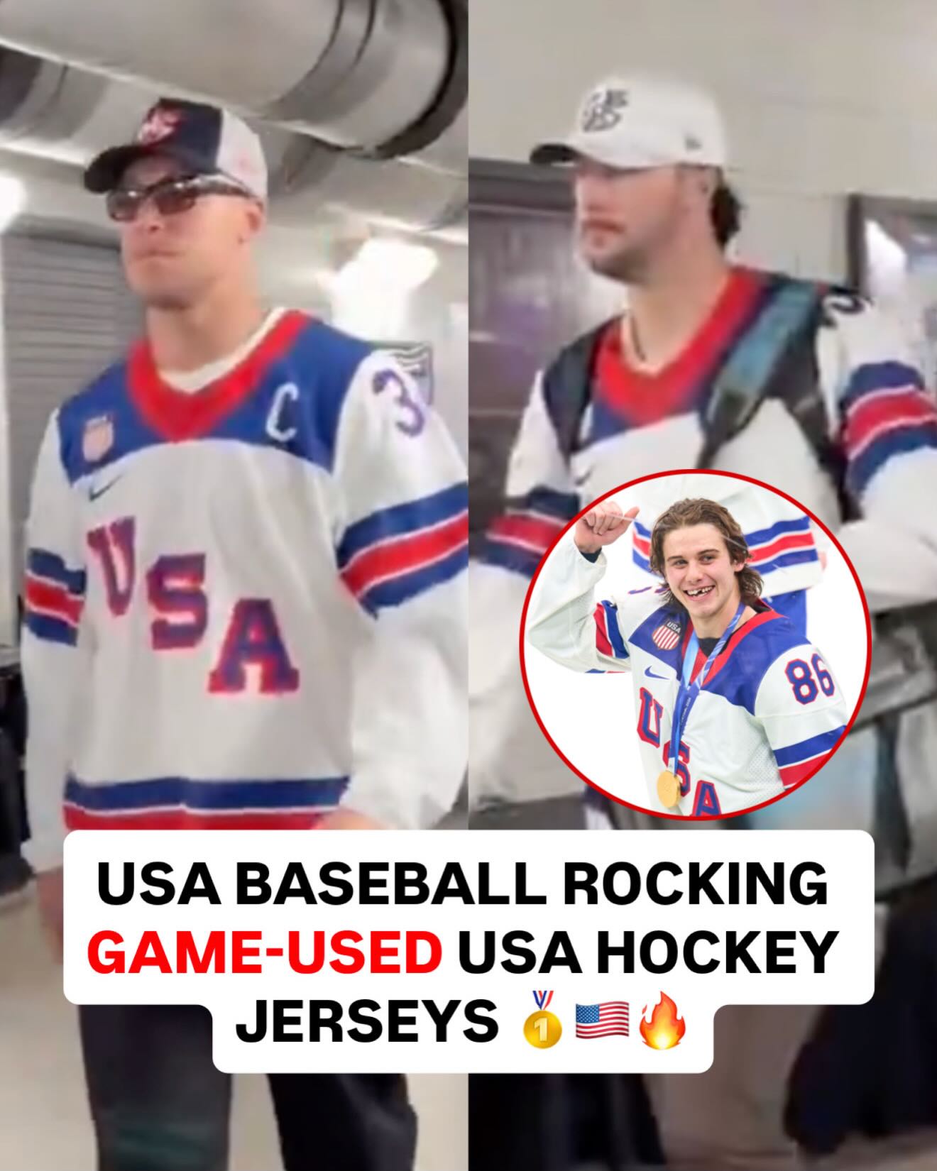 Team USA baseball arriving to the WBC final wearing GAME-USED Team USA hockey sweaters 😱🇺🇸 (Via @luisgilbert1998) #teamusa #wbc #goldmedal #hockey #baseball