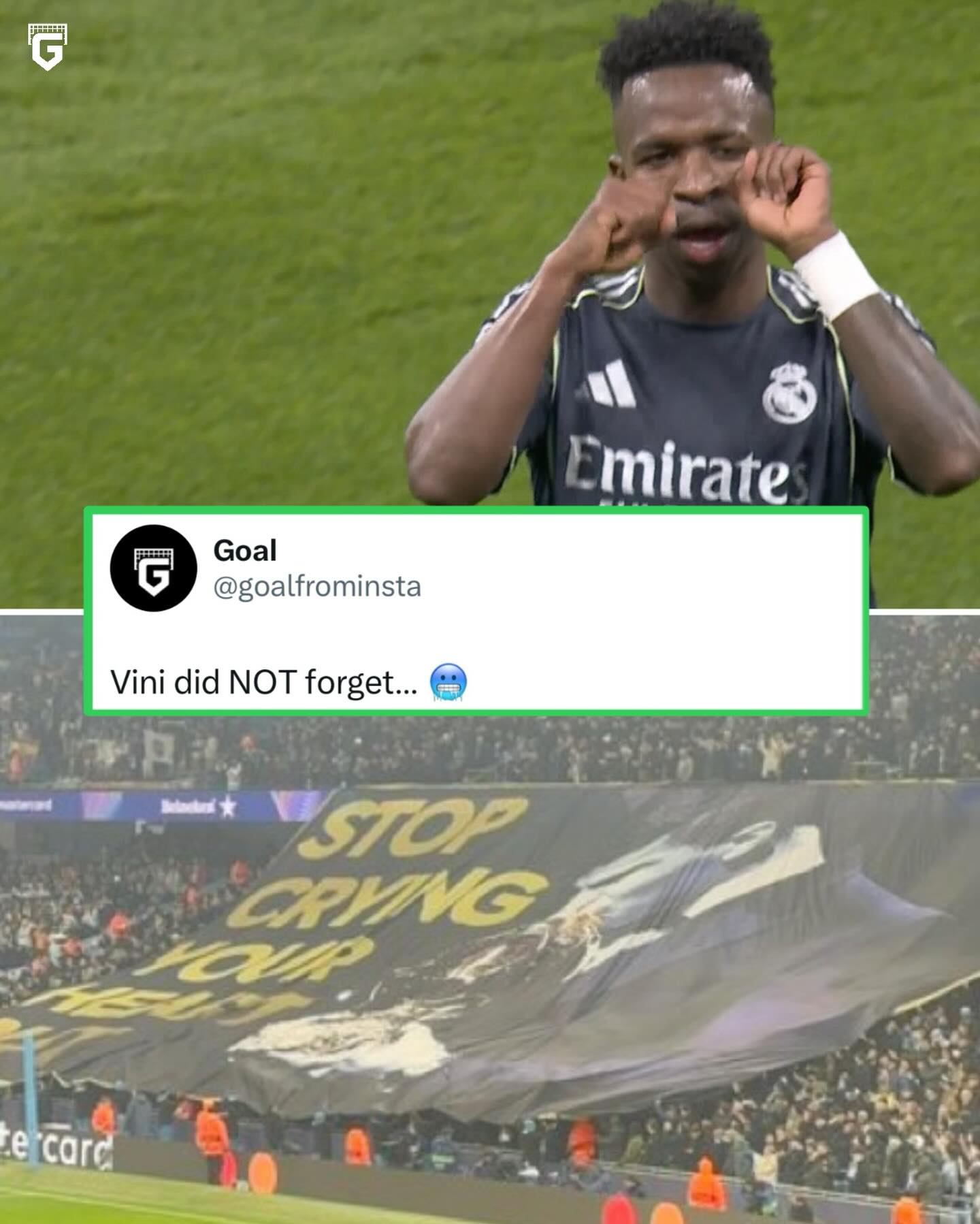 Never forget when Man City fans unveiled a tifo saying “Stop crying your heart out” alongside a picture of Rodri winning the Ballon d’Or when they faced Real Madrid…

Vinicius lost the award to Rodri, fast forward to now, Vinicius had the last laugh 🥶😤