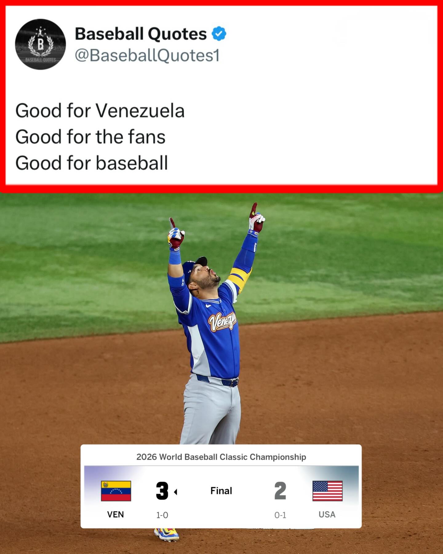 Venezuela takes down USA to take home the 2026 World Baseball Classic Championship 🔥🇻🇪

(H/T: baseballquotes1/X, scotthanson/X, kentmurphy/X)
