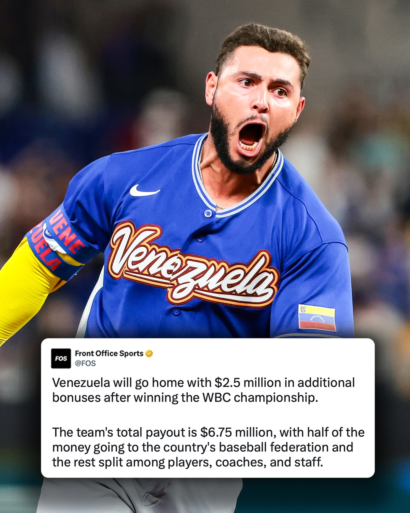 Venezuela’s upset over the U.S. in the World Baseball Classic championship brings the South American country’s total earnings to $6.75 million. 

Each player will get roughly $112,500 each, while coaches and staff will be paid out from the country’s baseball federation pool.

Story in bio on Venezuela’s first-ever WBC title in the event’s 20-year history.