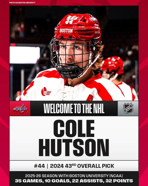 HE'S IN ✅ 

@colehutson23 will officially make his NHL debut tonight in Washington! 

Welcome to the League!

(🎥: @terrierhockey)
