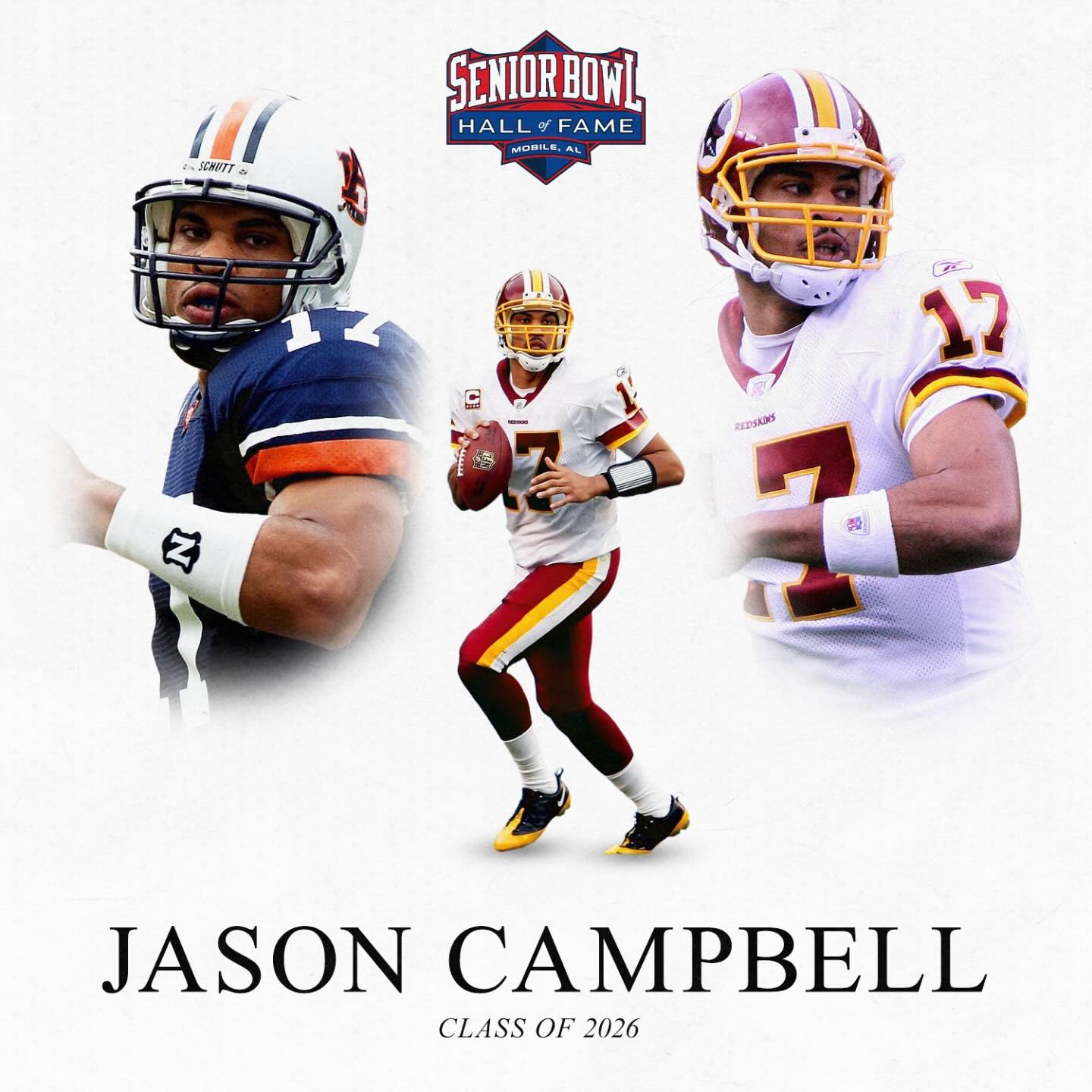 Jason Campbell — Hall of Fame Class of 2026

The 2004 SEC Player of the Year, Campbell led Auburn to an undefeated season before becoming a first-round NFL Draft pick. He went on to start 79 games across a ten-year NFL career, showcasing leadership and consistency at the quarterback position.

#TheDraftStartsInMobile