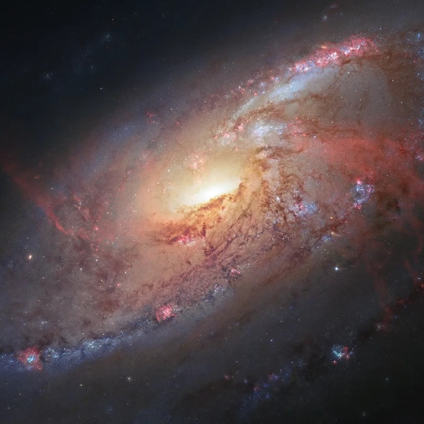General Kenobi...

These four spiral arms aren't what you'd expect to find in a galaxy—even one that's far, far away. Most spiral galaxies only have two arms. However, this galaxy (known as Messier 106) has an extra pair that are red, wispy, and made up of hot gas instead of stars.
 
Messier 106 is 24 million light-years from Earth. This image was taken with our orbiting @NASAHubble telescope, but you can see the galaxy for yourself with a small telescope from the ground.

Image description: A spiral galaxy dominates the photo, with its glowing, yellow center surrounded by blue and red swirling arms. Red, purple, and blue gas and dust decorates the galaxy along with dots of blue and pink stars.

Credit: NASA, ESA, the Hubble Heritage Team (STScI/AURA) and R. Gendler (for the Hubble Heritage Team); Acknowledgment: J. GaBany

#NASA #Galaxy #Messier #StarWars