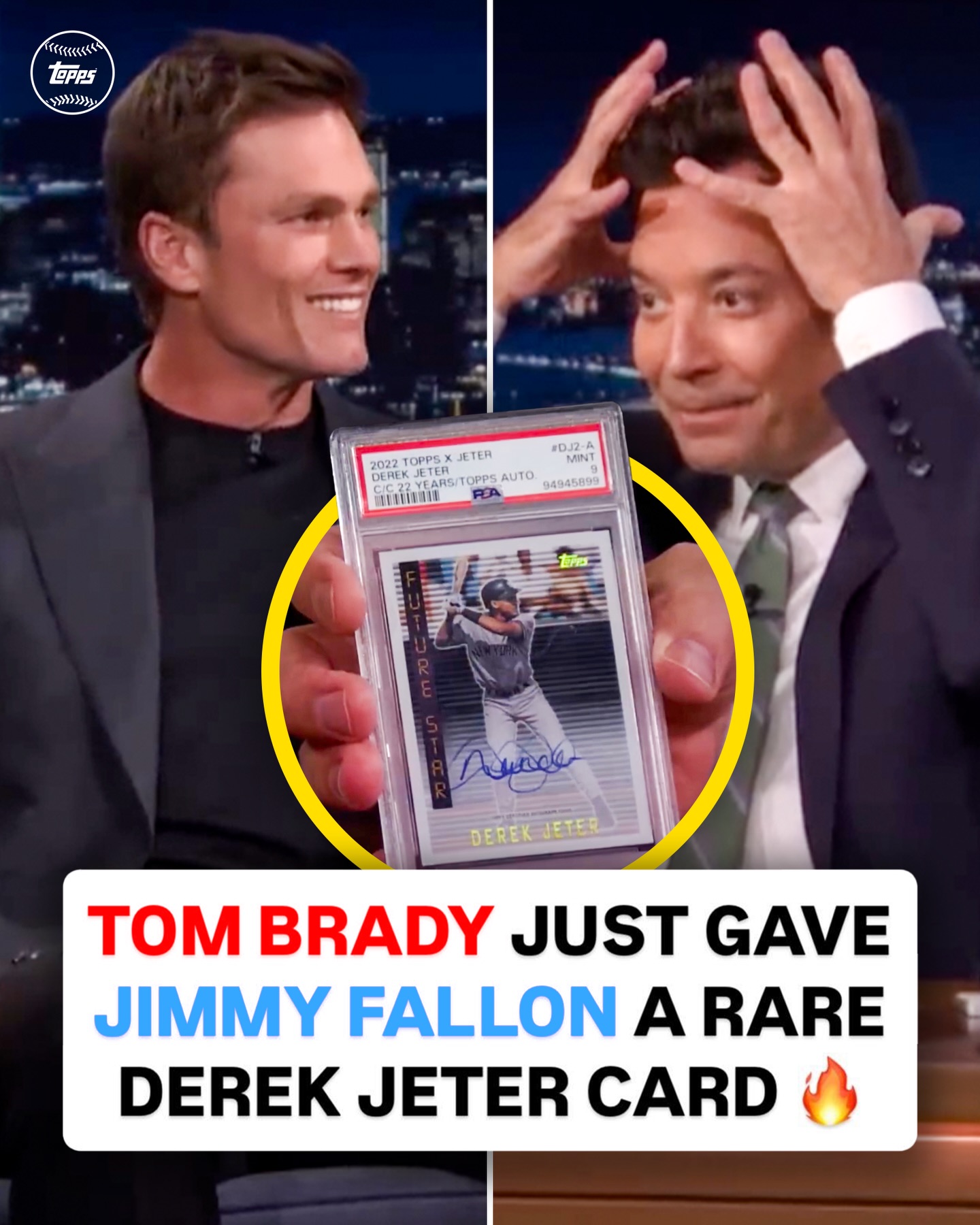 WOW: Tom Brady just gifted Jimmy Fallon an autographed card of his FAVORITE player ✍️🔥

@tombrady stopped by @fallontonight and brought along this 2022 Topps Derek Jeter autograph card 👏 @cardvaultbytombrady