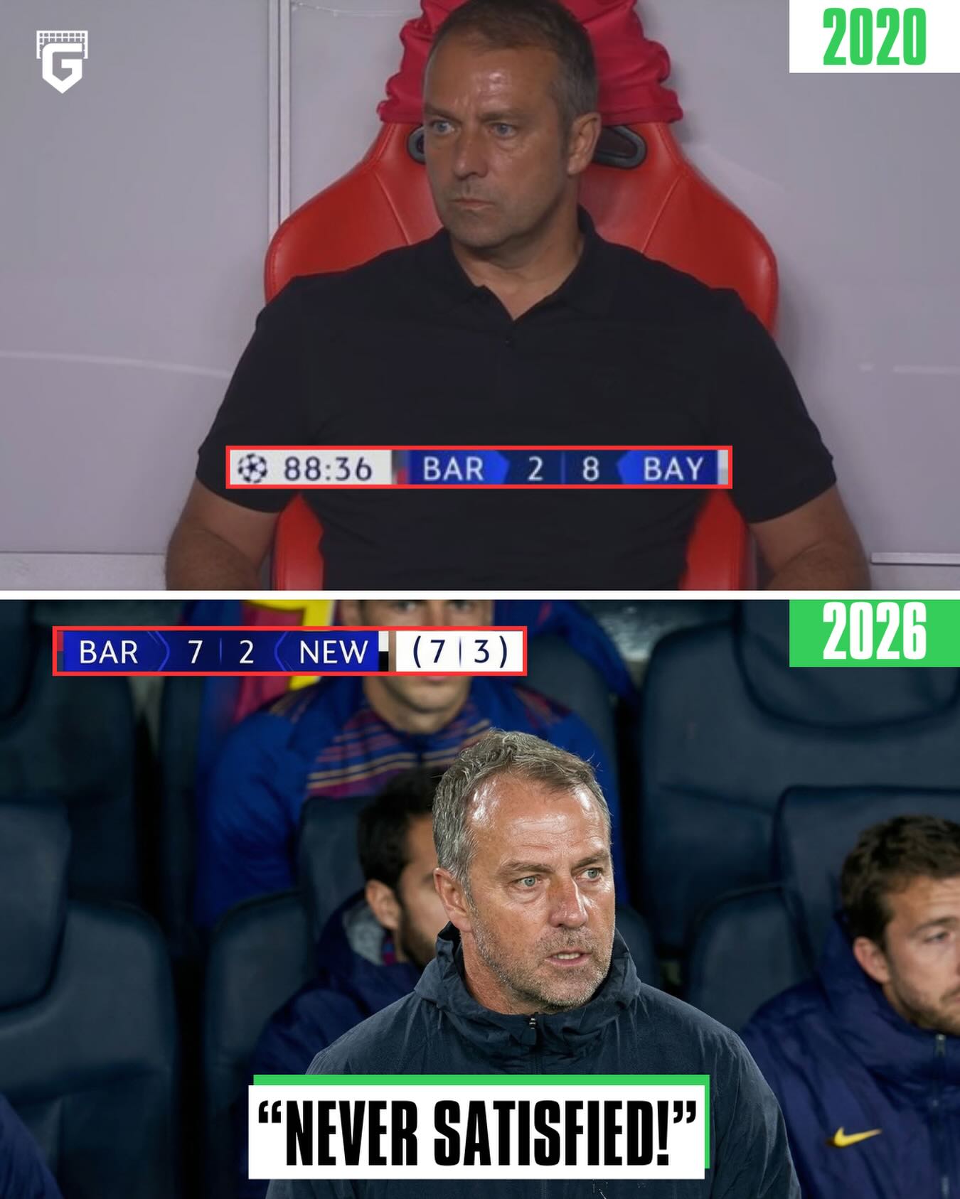 Hansi Flick was spotted on the touchline LOCKED IN despite having a 5 goal lead... AGAIN 😭

Never forget when he went viral back in 2020 for this same reaction despite thrashing Barcelona 8-2 in the Champions League... 😅