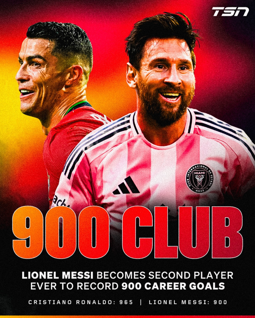 MESSI SCORES HIS 9️⃣0️⃣0️⃣th CAREER GOAL! 🐐

Lionel Messi joins exclusive company alongside Cristiano Ronaldo as the only players EVER to record 900 goals, after recording the opening goal vs. Nashville. 

(via @espnfc)