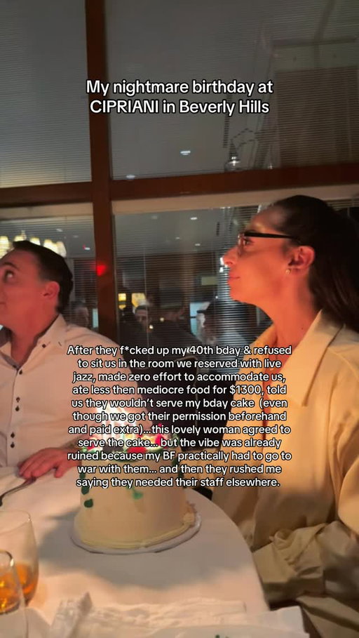 LA dining is such a scam and I’m done pretending it’s not. 
A lot of you asked what really happened at Cipriani… and how my Scam or Slam series even started. This was it.

@ciprianibeverlyhills ruined my 40th birthday… (I posted the full video about this recently.) 
Reservation confirmed for the Jazz Room… until we got there, they messed up, booked us for regular dining and were shoved into a corner downstairs. $1300 later for below average food… 
My boyfriend got approval ahead of time to bring a cake.
Suddenly? Not allowed. They can only present it. Then allowed… but no candles and can’t serve it. No effort. No care. They didn’t give af.

After going back and forth & several arguments with staff, this lovely woman finally approved the cake on the table so my friends could sing… and still charged us $4 per slice… for a cake we brought. Thank god for my friends and bf who helped me keep it together. 

I don’t mind a cake fee. I mind the lack of accountability, the attitude, and making someone feel like shit on their birthday. Like we are lesser than them. It’s not about the money.
It’s about the experience. If you’re charging like a luxury restaurant… act like one! 
LA dining has a serious problem and I’m done pretending it doesn’t.
#la #lafood #cipriani #foodreview #restaurantreview