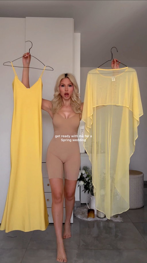 GRWM for a Spring wedding 💍😮 Yay or Nay? Vote below ⬇️ /ad I am obsessed with this dress.. and this super @honeylove seamless bodysuit? INCREDIBLE 💛 No visible bra or panty lines, super flattering, super comfortable and yes.. it’s bathroom friendly (which means it clips from the bottom haha) ✨ Tag a bestie who would love this look!! 👭 

@honeylove US customers: up to 60 % off ‘extra’ when using my 🔗 (Non US customers will get up to 25 % off extra)