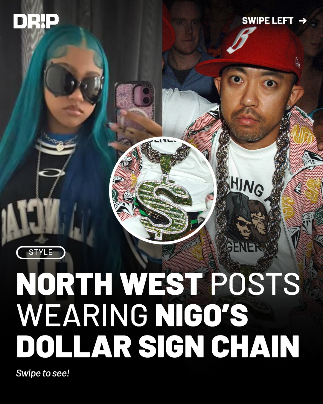 North West recently posted a selfie wearing Nigo’s iconic iced-out Jacob & Co chain.

The chain went up for auction at Sotheby’s, selling for 812,500 HKD (approximately $104,000).