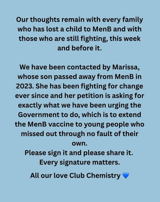 Whilst some young people in Canterbury are now being offered the MenB vaccination, there are thousands of young people across our city and our country who are not. This has to change.
We are standing alongside Marissa and asking everyone to sign this petition to make the MenB vaccine available to all young people. Please sign it, please share it, and please help us make sure no more families go through this.
We have added the petition link to our bio. 💙
