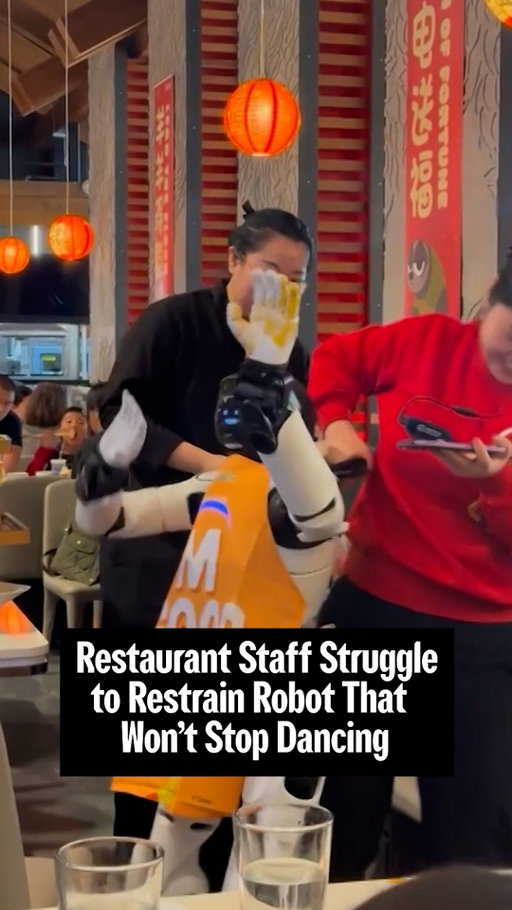 A robot at a Chinese restaurant in San Jose, California, had to be briefly restrained by staff after it knocked over utensils and a sauce container but carried on dancing nonetheless.

The robot continued with its elaborate routine, seemingly unfazed by what had happened or the fact that staff were desperately trying to deactivate it.

Eventually three members of staff collectively managed to switch the robot off, leaving it frozen mid-pose.