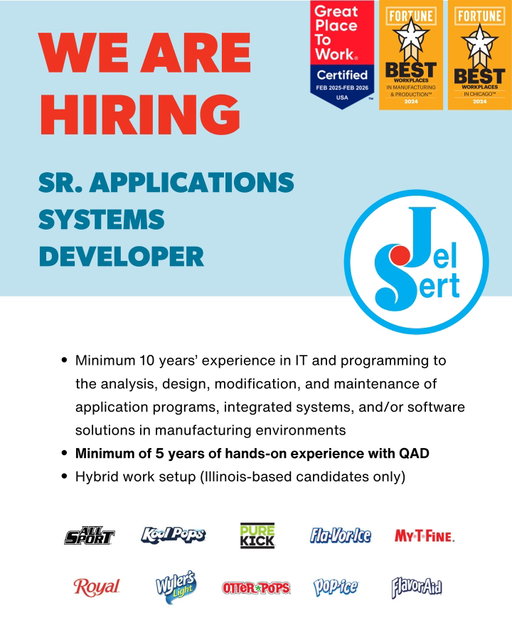 Looking for a role where your manufacturing systems and QAD expertise makes a real impact? ⚙️

We’re hiring a Sr. Applications Systems Developer to help design, develop, and support the applications that keep business operations running.

This role spans the full lifecycle, from development to real-time support, working across teams to turn business needs into scalable solutions. 

If you have a background in the analysis, design, modification, and maintenance of application programs, integrated systems, and/or software solutions in manufacturing environments, we want to hear from you!

Key requirements:

✔ 10+ years’ experience in IT & application development
✔ 5+ years of hands-on QAD experience required
📍 Hybrid role — in-state candidates only, please!

👉 Learn more and apply through the link in our bio.

#JelSert #NowHiring #TechCareers #Developers #ITJobs #Careers