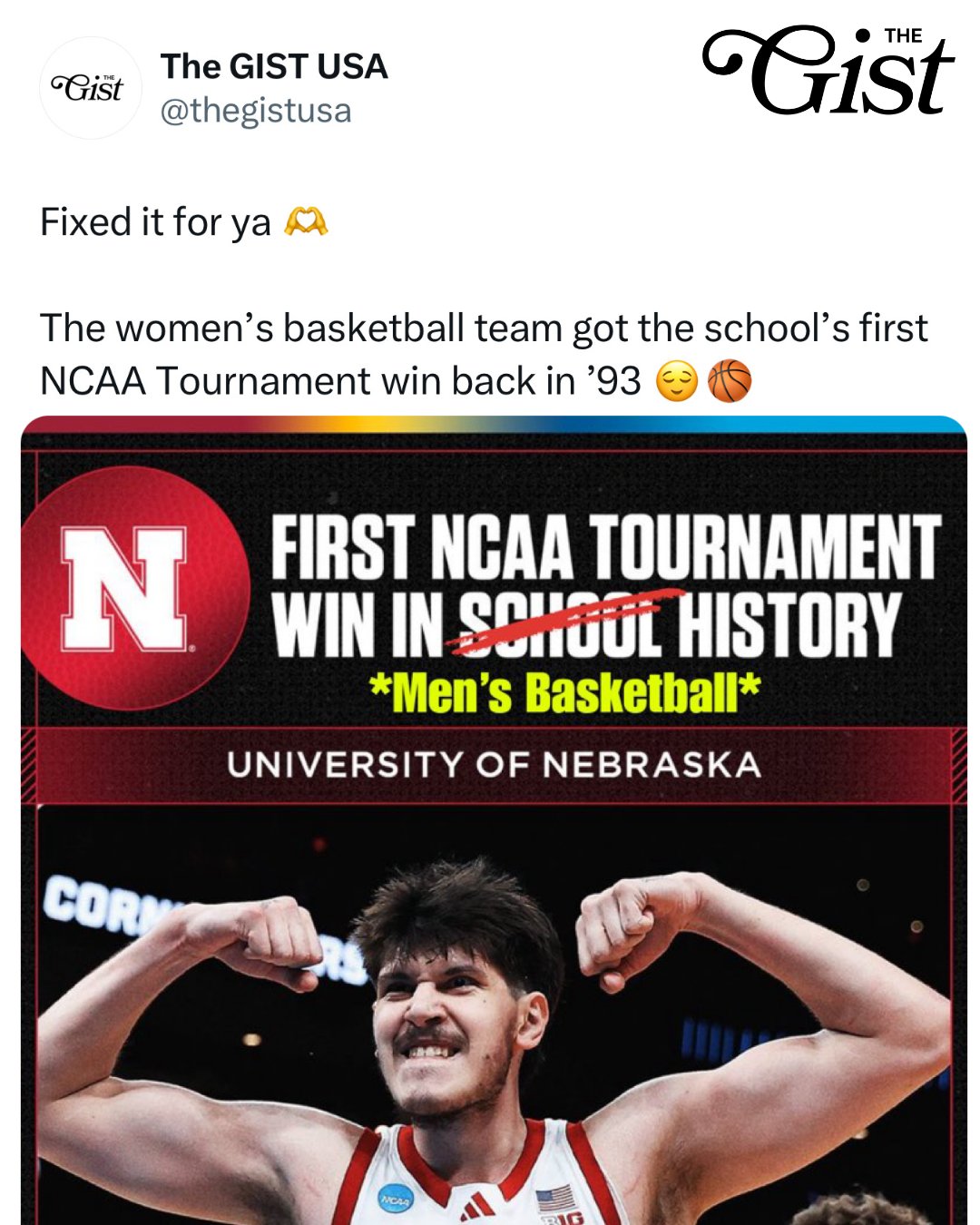 It was actually the women who got the first-ever win in school history, btw. 😉⁣
⁣
After eight consecutive opening-round losses from 1986 to 2024, Nebraska men’s basketball finally secured its first NCAA Tournament victory, defeating Troy 76–47 — a massive milestone for the program. 🔥⁣
⁣
However, the women’s program had already made history, earning the school’s first-ever NCAA Tournament win back in the ’90s. 👏⁣
⁣
#womenssports #menssports #basketball #marchmadness ⁣