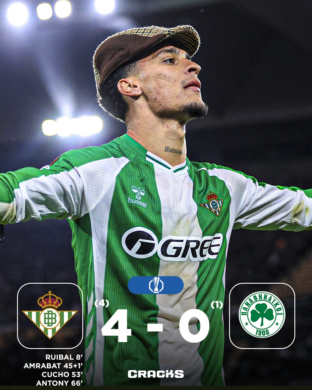 ➟ 𝙁𝙄𝙉𝘼𝙇 | Real Betis (4) 4-0 (1) Panathinaikos

¿𝐂𝐀𝐍𝐃𝐈𝐃𝐀𝐓𝐎? ¡Betis remonta y a cuartos!

Octavos Vuelta 🗓 | Europa League 🇪🇺