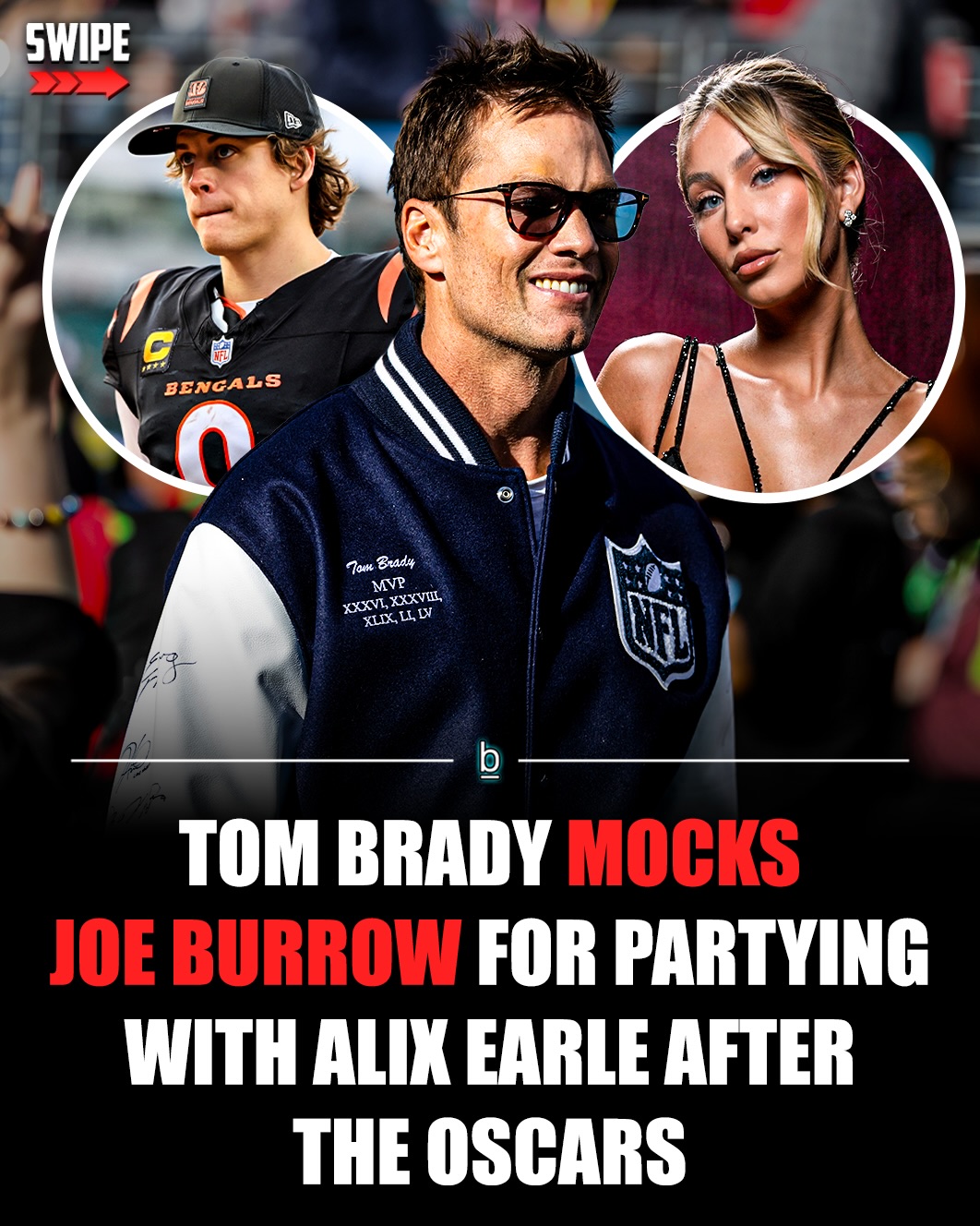 Tom Brady fired some playful shots at Joe Burrow for partying with Alix Earle last weekend. 😂

After the Oscars ceremony on Sunday, Burrow was spotted partying with Earle, Stassie Karanikolaou, and Tate McRae while out in Los Angeles.

Via TMZ:

“Joe Burrow hit up a swanky Oscars party, and it looks like he’s got some leading ladies of his own … because he left the gathering with a trio of hotties … Alix Earle, Stassie Karanikolaou, and Tate McRae.” 🤔

“Joe burrowed his face in his hand as he rode shotgun … while the trio of babes grinned from the back seat. Chin up, Joe, that’s quite the entourage you’ve got there!!!” 

During Wednesday’s Fanatics Football draft, Brady took a subtle jab at Burrow for partying with Earle and the rest of her friends. 🤷‍♂️

🗣️ - “That’s what they called Joe the other night at those Oscar parties… Wildcat. At least he’s here… no fashion shows to attend to.”

It is worth noting that Brady was previously linked to Earle when the two partied together during Super Bowl weekend. 🏈

Follow 👉 @brobible for all things “dude” 😎 

#tombrady #guys #men #dudes #football