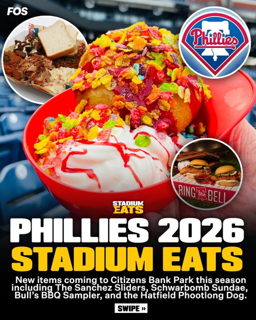The @phillies have a slate of new items coming to @citizenbankpark for 2026 including: 

Bull’s BBQ Sampler Platter 
(Left Field Plaza)

Schwarbomb Sundae 
(Coca-Cola Corner Treats – Left Field Plaza)

Sánchez Sliders 
(Coca-Cola Corner - Left Field Plaza & Cadillac Hall of Fame Club)

Hatfield Phootlong Dog 
(Sections 114, 129 & 314 – Hatfield Classics Grill)

#stadiumeats