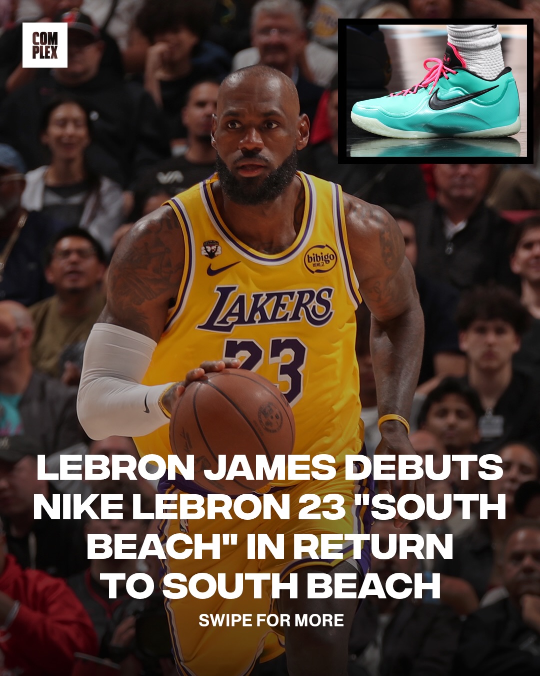 LeBron James debuts a “South Beach” colorway of the Nike LeBron 23 during tonight’s game against the Heat in South Beach, recording a triple-double stat line in the road win against his former team. 

Is the LeBron 8 “South Beach” the BEST Miami-themed silhouette and colorway in LeBron’s signature line? 💭