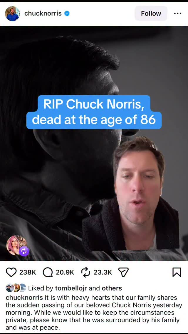 Chuck Norris doesn’t die of old age, he just gets a VIP pass to the afterlife 

RIP to a martial arts, acting legend who gave birth to the greatest TV clip of all time, and absolutely powered the internet for years with the Chuck Norris jokes