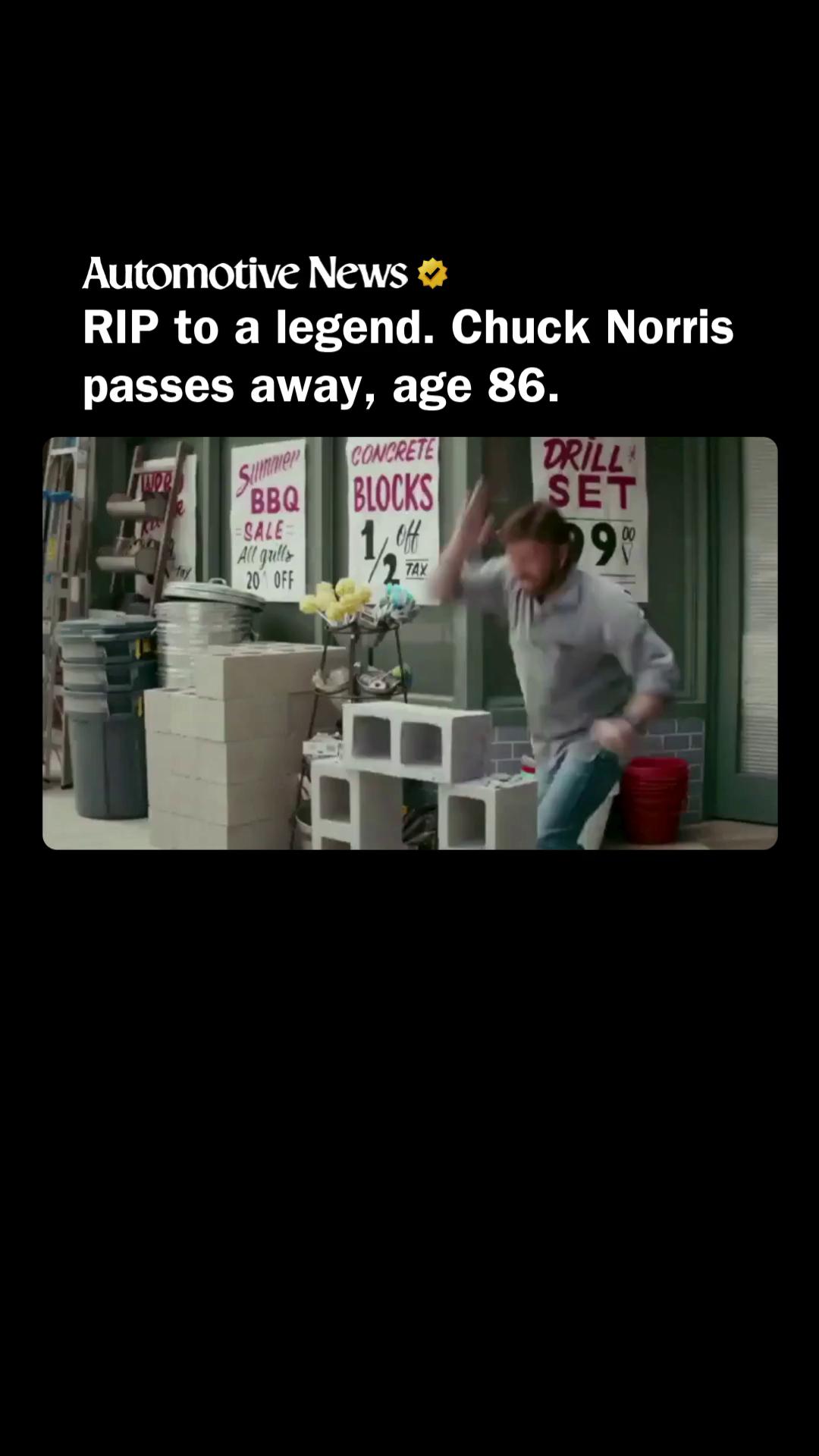 Chuck Norris, American actor and martial artist, has passed away at the age of 86, according to a Friday statement from his family

Norris starred in a commercial for the Toyota Tacoma, which aired in 2018.

“To the world, he was a martial artist, actor, and a symbol of strength. To us, he was a devoted husband, a loving father and grandfather, an incredible brother, and the heart of our family,” the family said.

#chucknorris #toyota