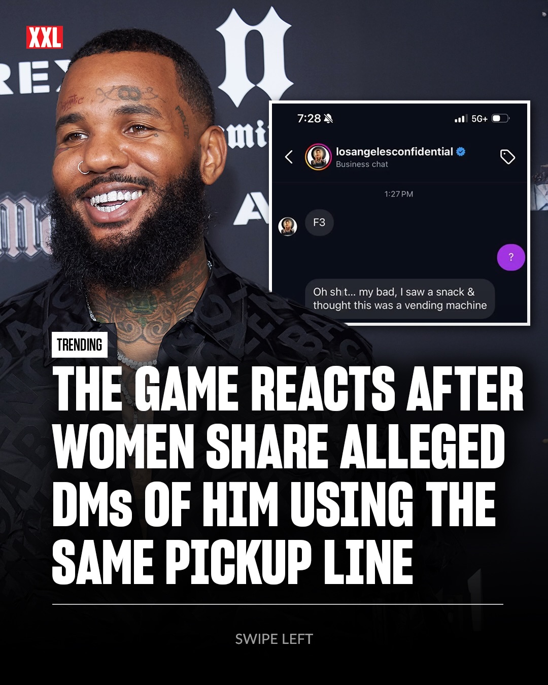The Game speaks after multiple women share alleged DMs showing him using the same vending machine–themed pickup line repeatedly. 😭

“F3 is now officially retired 💀✌🏾… we shot, we scored… we had a good run… on to bigger n better things now. F4 coming soon 🤣🤣🤣,” he wrote.
