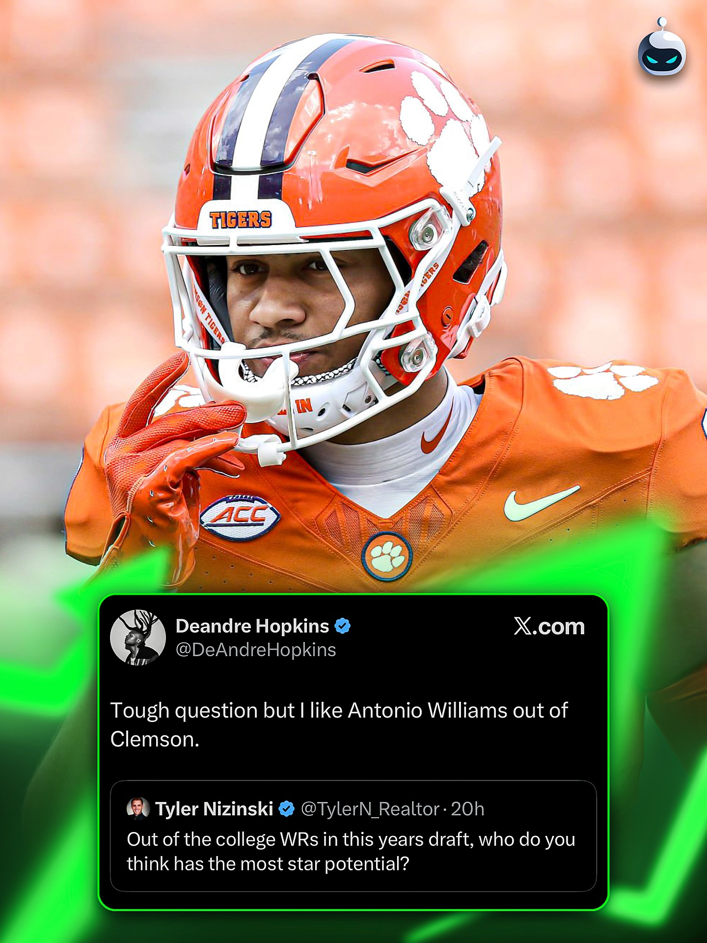 Former Clemson WR DeAndre Hopkins advocating for WR Antonio Williams in the 2026 NFL Draft 👀

You can find Hopkins and Williams’s Clemson receiving stats in slides 2/3.

Could Williams be a star in the NFL? ⭐️