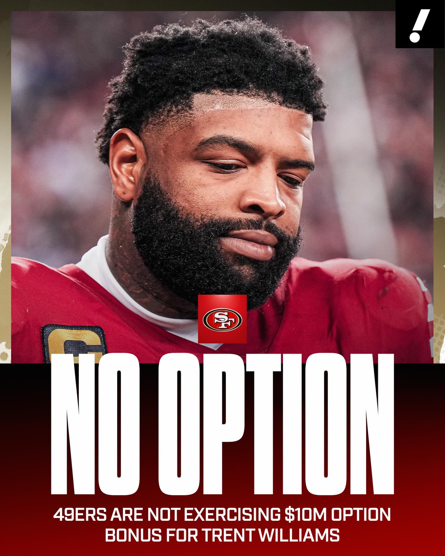 The 49ers are not exercising the $10M option bonus on star LT Trent Williams’ contract that was due Friday afternoon, per @AdamSchefter. 

Williams’ salary cap number now will grow close to $47 million, but San Francisco is not overly concerned about it and it still is planning to rework his contract before next month’s NFL Draft.