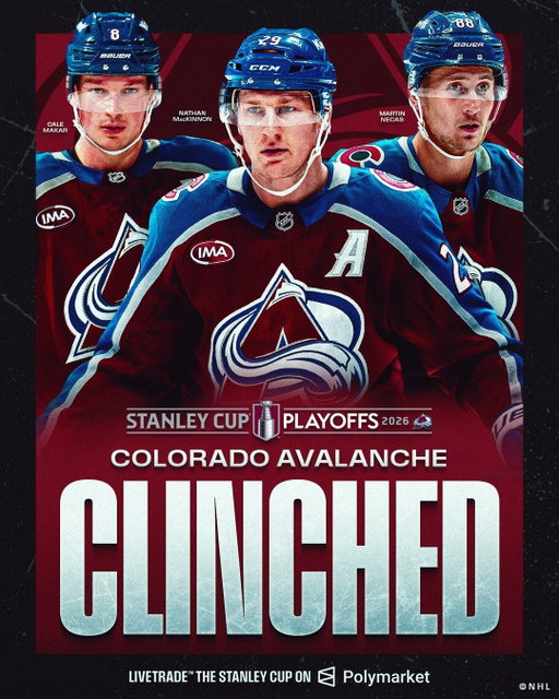 AVS ARE THE FIRST TO CLINCH 🏔️ 

The @coloradoavalanche are headed to the #StanleyCup Playoffs for the ninth straight season!

Presented by @polymarketsports
