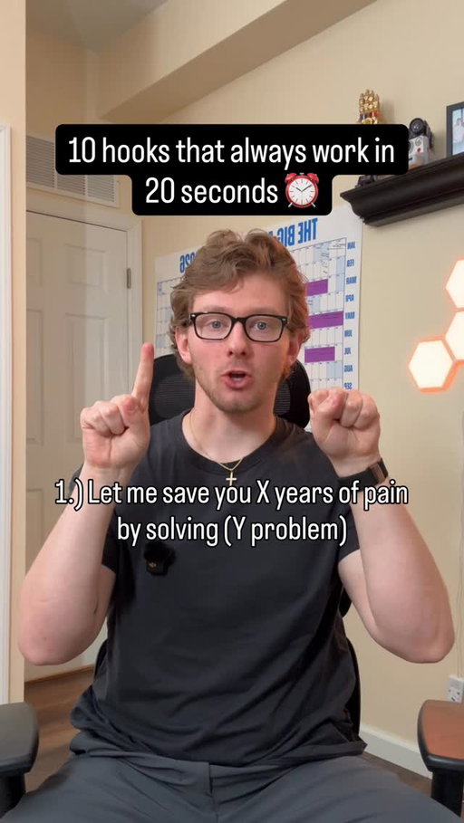 Here’s the list so you can copy and paste it ⬇️

1.) Let me save you X years of pain by solving (Y problem)

2.) Do X, then Y, to get (blank)

3.) If you do this one thing you will (insert dream reult)

4.) Day X of doing blank for (blank amount of time)

5.)Literally anything with claude in the onscreen text

6.) (insert bad result) vs. (insert desired result)

7.) How to do blank without (limiting variable)

8.) If you want to succeed in (your niche) you need to do blank

9.) The most important skill you can learn in (your niche)

10.) Stop doing X and start doing Y

Follow for more :)