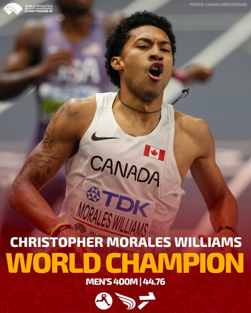 CMW IS A CHAMP 🇨🇦🥇

Canada’s Christopher Morales Williams runs a championship record 44.76 to take the #WorldIndoorChamps title in the men’s 400m!

📸: Chiara Montesano