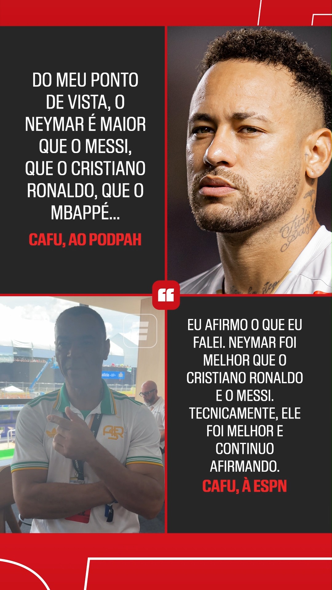 Durante o Grande Prêmio MotoGP do Brasil, em Goiânia, Cafu falou com exclusividade à ESPN e voltou a defender que Neymar foi mais jogador que Lionel Messi e Cristiano Ronaldo, além de falar sobre a possibilidade do camisa 10 do Santos estar na Copa do Mundo pela seleção brasileira!

#Futebol #Neymar #Messi #Cristiano