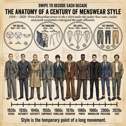 Ce que tu portes aujourd’hui est le résultat direct de 100 ans de crashs boursiers, de guerres mondiales et de révolutions de la jeunesse.
Le tailoring masculin n’est pas de la mode. C’est de l’architecture sociale.
En 1920, ton costume pesait 700g/m² de tweed, se fermait avec un col amidonné amovible et une épingle en or, et demandait 10 minutes d’habillage chaque matin. En 2020, il pèse 240g/m², n’a plus aucun rembourrage aux épaules, et se porte sur un t-shirt.
Entre les deux : une loi de rationnement qui a supprimé les gilets et les revers de pantalon. Des gamins de 20 ans à Londres qui ont rétréci les revers à 5cm pour dire « on ne sera jamais comme nos pères. » Un krach boursier qui a transformé le costume en armure à épaules massives. Et un virus qui a définitivement tué la cravate obligatoire.
10 décennies. 10 silhouettes. 10 moments où l’histoire s’est écrite dans le tissu.
Swipe pour tout décrypter →
Commente TAILORING pour trois emails avec conseils illustrés
Quelle décennie correspond le plus à ton style ? 👇

What you wear today is the direct result of 100 years of stock market crashes, world wars and youth revolutions.
Tailoring isn’t fashion. It’s social architecture.
In 1920, your suit weighed 700g/m² of tweed, closed with a detachable starched collar and a gold pin, and required 10 minutes to put on every morning. In 2020, it weighs 240g/m², has zero shoulder padding, and sits over a t-shirt.
In between: a rationing law that banned waistcoats and trouser cuffs overnight. 20-year-old kids in London who shrank lapels to 5cm to say « we’ll never be our fathers. » A financial crash that turned the suit into a Wall Street power armor with massive shoulders. And a pandemic that killed the mandatory necktie for good.
10 decades. 10 silhouettes. 10 moments when history was written in cloth.
Swipe to decode each one →
Comment TAILORING for 3 illustrated advice mails
Which decade matches your style? 👇
#tailoring #menswear #sartorial #mensstyle #bespoke classicmenswear fashionhistory jamaisvulgaire