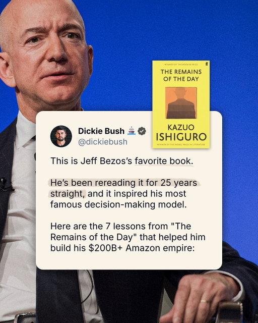 This is Jeff Bezos’s favorite book.

He’s been rereading it for 25 years straight, and it inspired his most famous decision-making model.

Here are the 7 lessons from “The Remains of the Day” that helped him build his $200B+ Amazon empire:

Lesson 1: Make decisions through the lens of your 80-year-old self

Lesson 2: Professional dignity is a trap

Lesson 3: Move with urgency and intensity

Lesson 4: Emotion drives the biggest breakthroughs

Lesson 5: The “safe path” is often the riskiest

Lesson 6: Build reflection into your system

Lesson 7: Study timeless principles

Thanks for reading!

If you enjoyed this, follow for more posts on digital writing and digital businesses.
