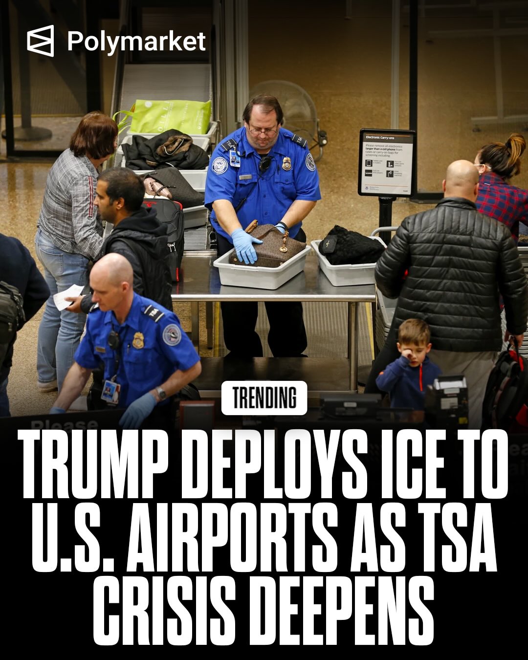 Trump has ordered ICE agents to be deployed to U.S. airports to assist TSA operations in support roles, as staffing shortages begin to disrupt travel across the country.

The move comes amid a partial government shutdown affecting the Department of Homeland Security, leaving thousands of TSA agents working without pay for weeks.

Traders predict a 59% chance DHS shutdown will end after March 31.