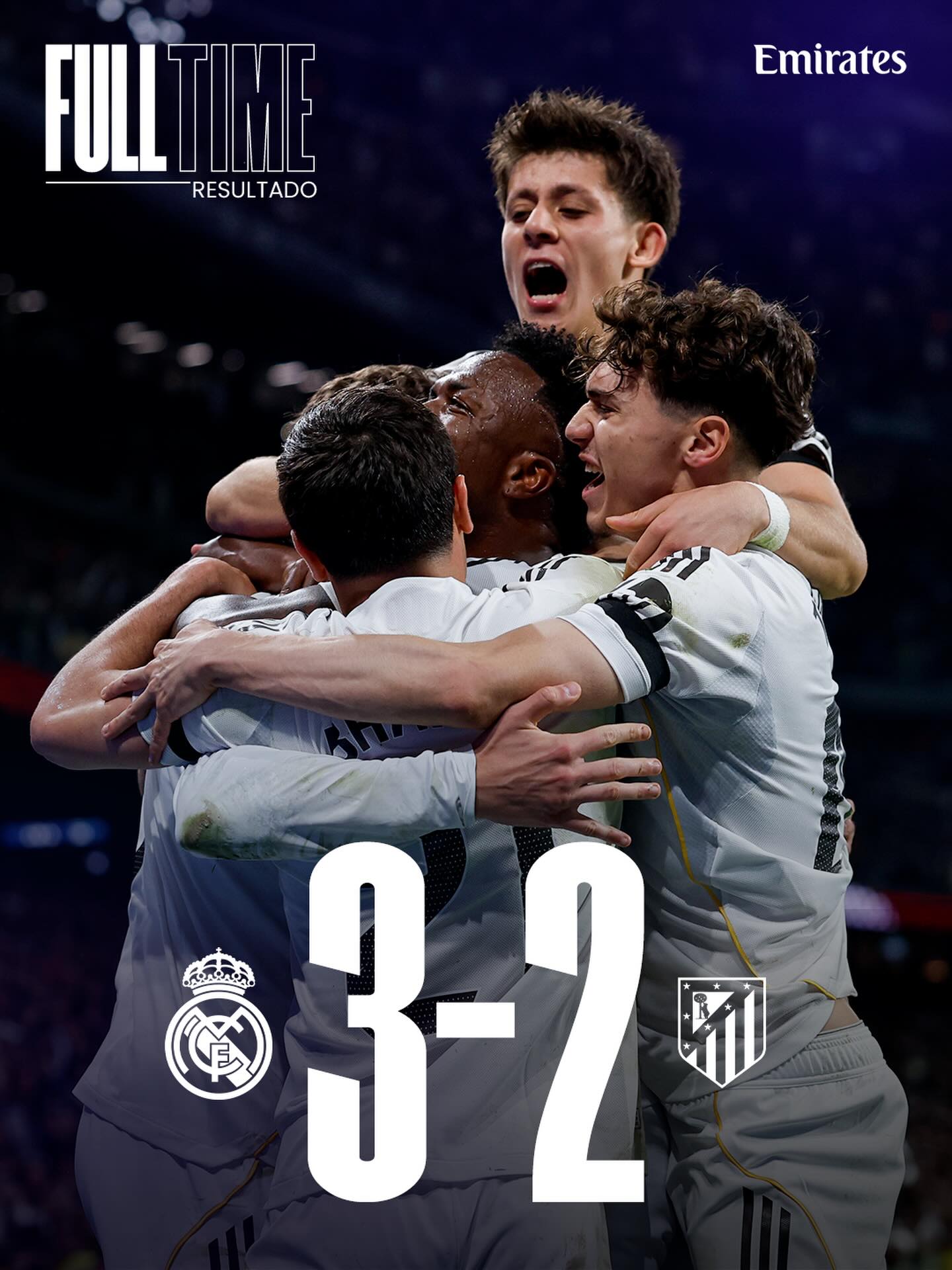 🏁 FT: Real Madrid 3-2 Atlético de Madrid
⚽ 33’ Lookman
⚽ 52’ @ViniJr (p)
⚽ 55’ @FedeValverde
⚽ 66’ Molina
⚽ 72’ @ViniJr
@Emirates | #RealMadridAtleti