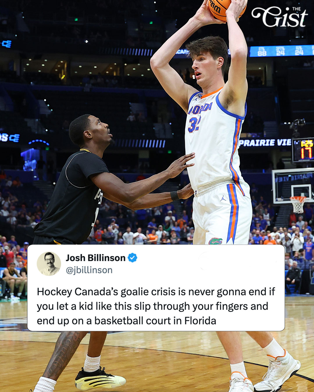 He could solve our goalie crisis if he wanted to. 😔⁣
⁣
At 7'9", Florida Gators freshman Olivier Rioux – the tallest player in college basketball history – is a Terrebonne, QC native. A tall French Canadian? Now that's the blueprint for an elite NHL goaltender. 🏒🏀⁣
⁣
With No. 1 Florida out of the men's March Madness, we're just throwing it out there... just something to think about... 👀⁣
⁣
#menssports #basketball #marchmadness #hockey #collegesports #hockey