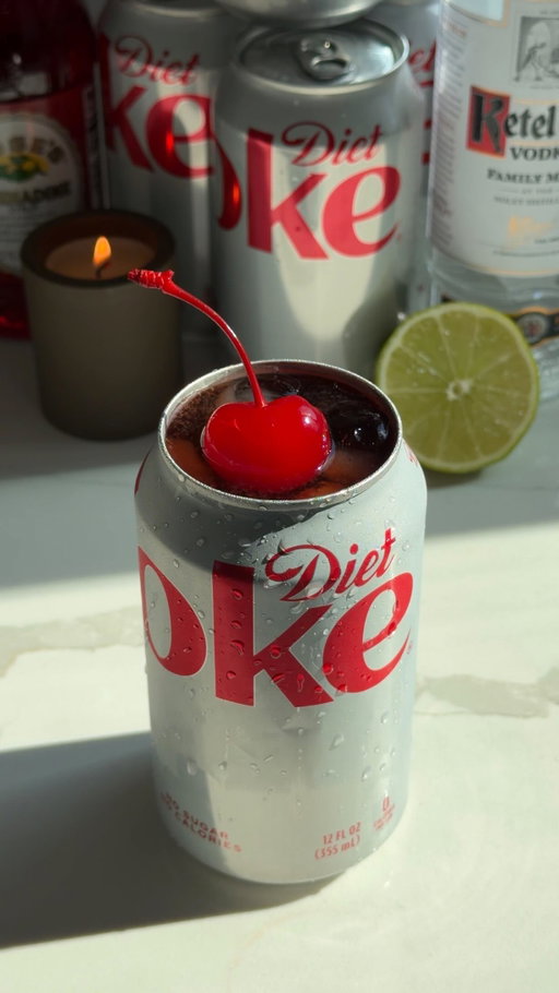 Who wants an adult Diet Coke? 🍒

Think Diet Coke x Shirley Temple — but make it adult. A crispy @dietcoke + cherry + lime + a little something extra. 

Ingredients:
- 1 can Diet Coke (has to be crispy)
- 1.5 oz vodka 
- 1/2 oz grenadine 
- 1/2 oz lime juice 
- maraschino cherry to garnish 

Open your can of Diet Coke and pour out about half of the liquid. Then safely remove the lid with a draft top opener. Combine all ingredients directly into the can, and fill to the top with ice — fill with some of the liquid you poured out earlier if needed. Finally garnish with a cherry. Cheers!

*I doubled the ingredients in the video shown*

#dietcoke #dietcokerecipe #dietcokebreak #easyrecipes #cocktail