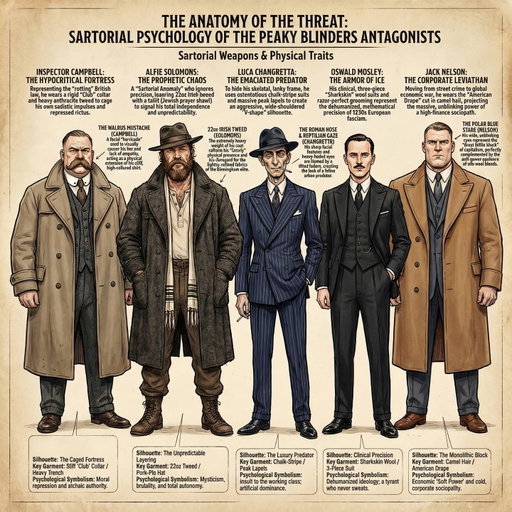 Chaque antagoniste de Peaky Blinders s’habille exactement comme il menace — et c’est ce qui rend la série si brillante d’un point de vue sartorial.
Le vestiaire des méchants n’est jamais accidentel. Chaque silhouette est une arme psychologique calibrée pour projeter un type de pouvoir précis. L’inspecteur Campbell enferme son autorité édouardienne dans du tweed rigide et un col club amidonné. Alfie Solomons ignore toute convention avec un pardessus irlandais 22oz et un châle de prière — le chaos prophétique fait tissu. Luca Changretta compense sa carrure maigre par des rayures craie agressives et des revers en pointe massifs. Mosley projette une idéologie glaciale à travers un trois-pièces sharkskin chirurgical. Jack Nelson écrase tout avec un pardessus camel hair en coupe American Drape — le soft power monolithique du capitalisme.

La règle d’or : dans Peaky Blinders, on identifie la menace avant le premier dialogue — par le vêtement.
💬 Commentez TAILORING pour recevoir nos conseils illustrés sur le tailoring et les proportions.

🇬🇧 Every Peaky Blinders antagonist dresses exactly the way they threaten — and that’s what makes the show sartorially brilliant.

The golden rule: in Peaky Blinders, you identify the threat before the first line — by the clothing.
💬 Comment TAILORING for our illustrated tips on tailoring and proportions.
#jamaisvulgaire #menswear #stylehomme #peakyblinders #alfiesolomons lucachangretta oswaldmosley sartorial tailoring